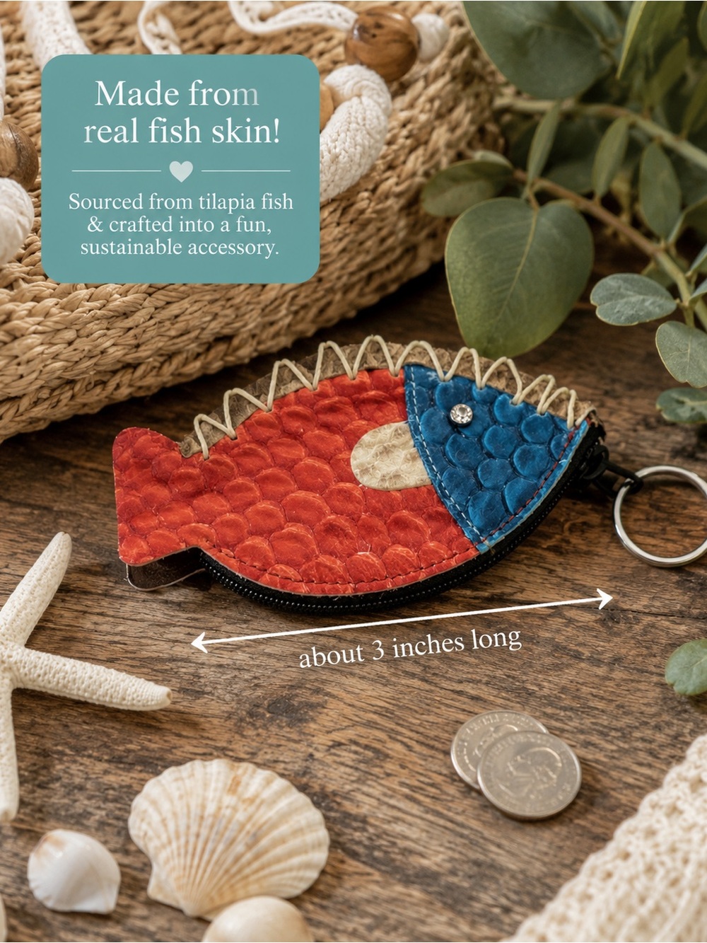 Col De Mar Tilapia Fish Sea Leather Coin Purse Keychain - Picture 2 of 7